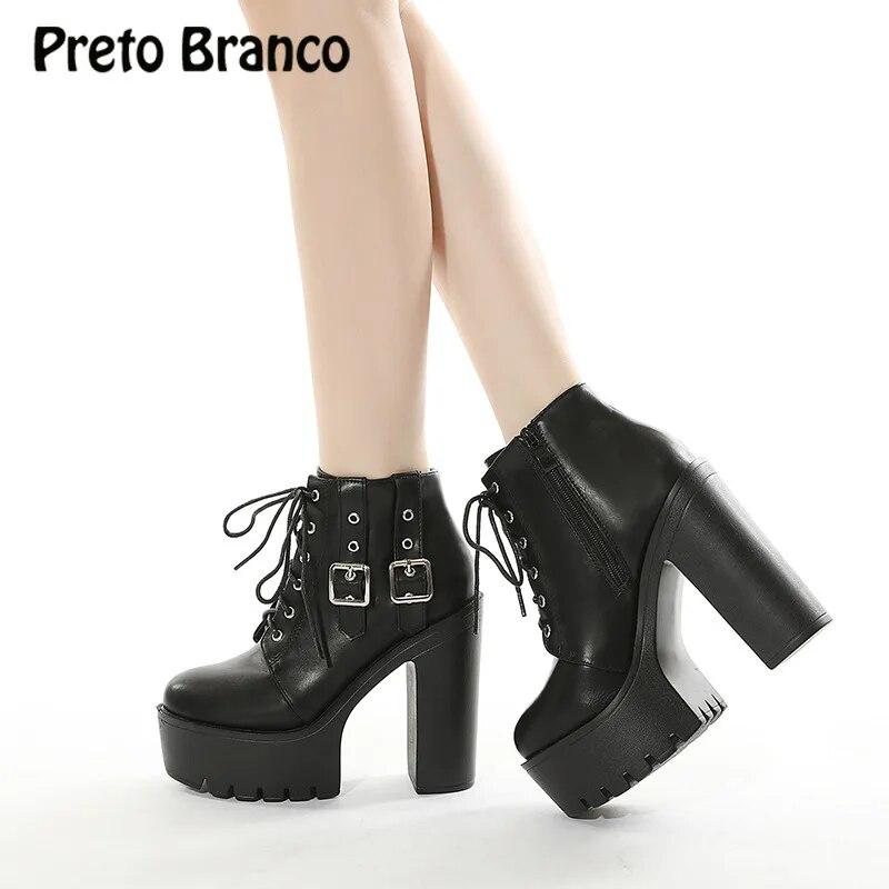 Γόβες 13 εκ. Φθινόπωρο Και Χειμώνας 2024 Μεγάλο Νέο Παχύσολο Παπούτσια Γυναικεία Χοντρά Ψηλά Τακούνια Μποτάκια Lhx