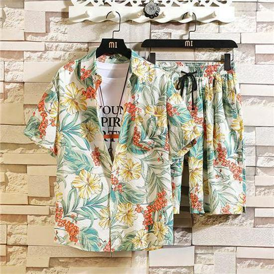 Men's Ice Silk Quick-Dry Floral Two-Piece Set: Trendy Summer Short-Sleeve Shirt & Beach Shorts, Couples' Matching Outfit.