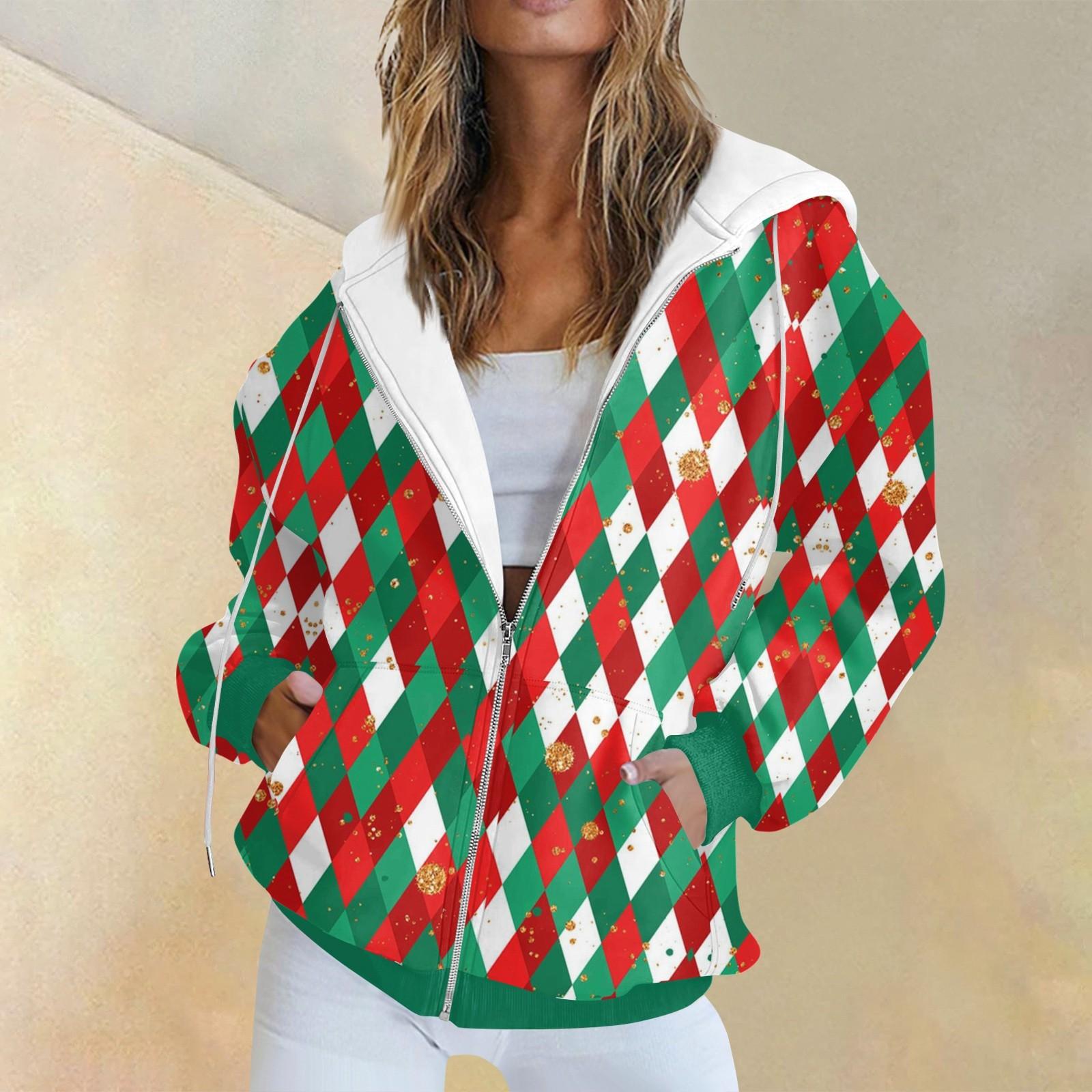 

Жіноча модна повсякденна різдвяна толстовка з довгим рукавом і кишенею, пальто з капюшоном на блискавці S Кіновар