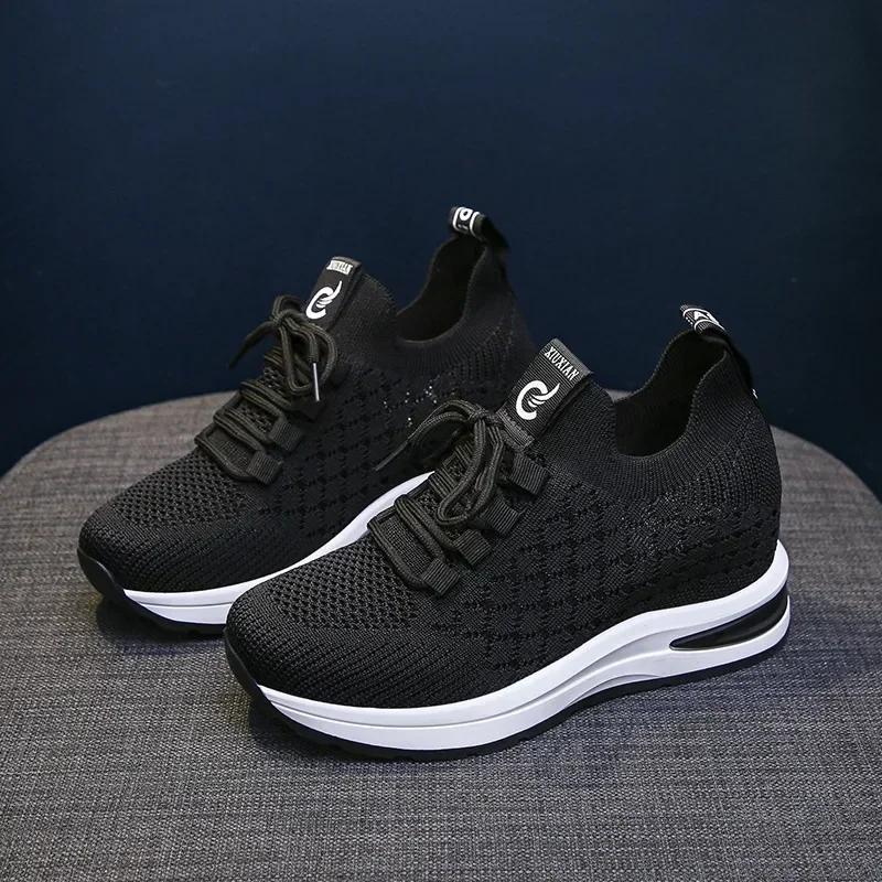 Baskets Mode pour Femmes Chaussures Décontractées Femmes Talons à Plateforme Compensées Augmentant la Hauteur Tricotées Dames Maille Respirante Chaussures Vulcanisées