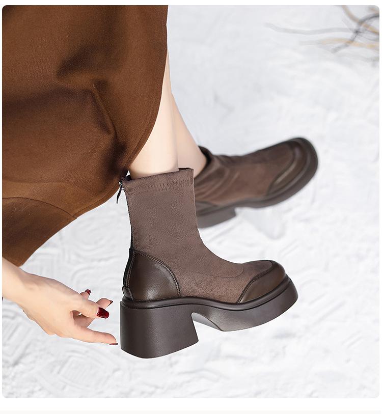 

Женские ботинки Мартина на высоком каблуке, маленькие осенние новые ботильоны на платформе, на толстом каблуке, эластичные ботинки, ботинки, увеличивающие рост, тонкие ботинки 40