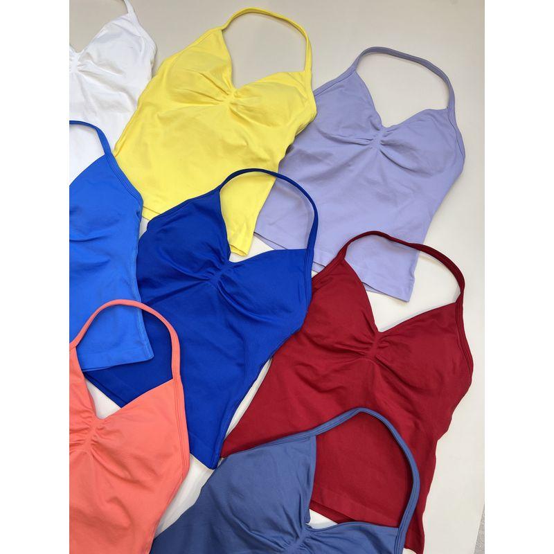 Df Thin-Strap Running Ruched Halter Fitness Bra with Chest Pads, Shaping, Shockproof, Beautiful Back Sports Yoga Tank Top for Women
