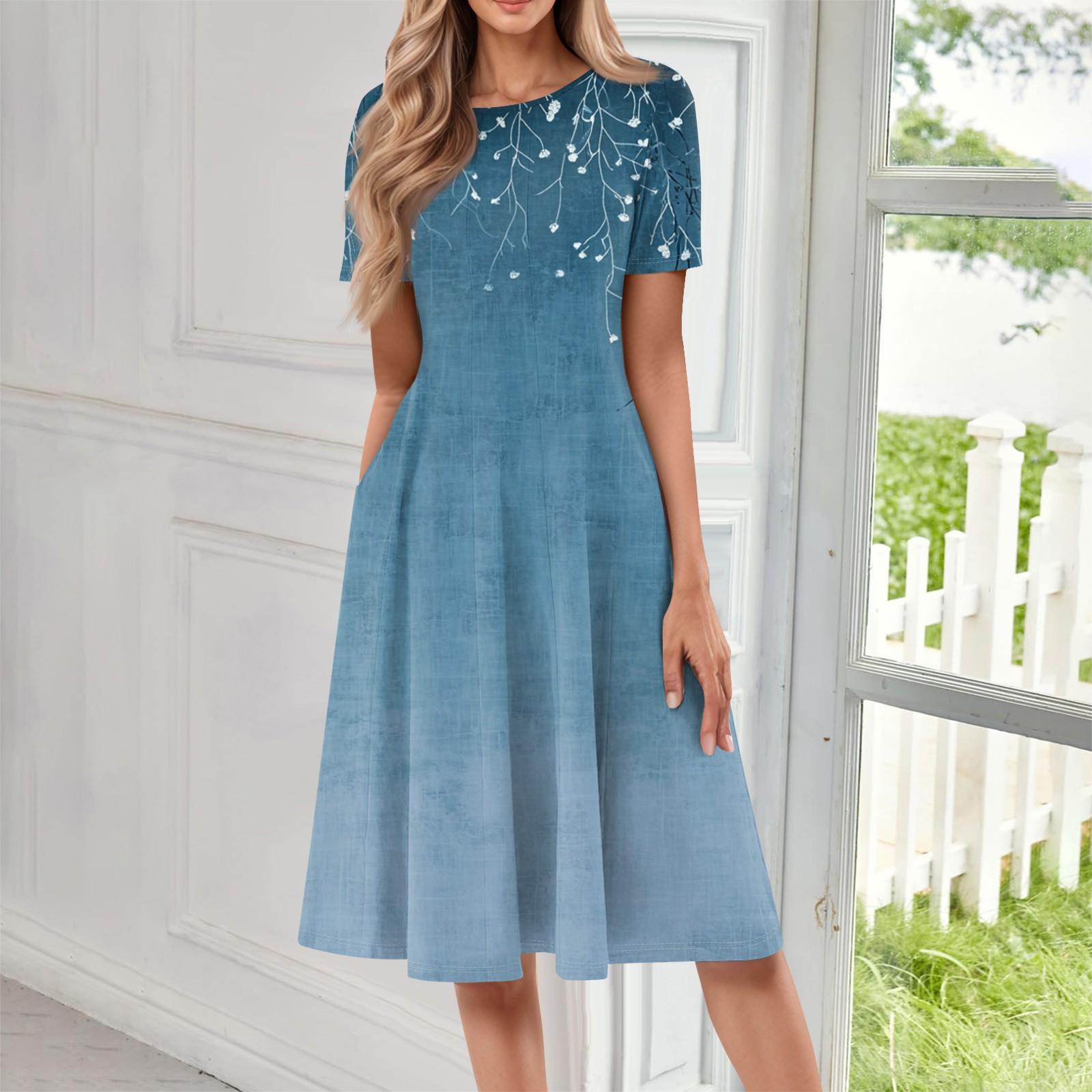 

Женское повседневное модное платье миди с круглым вырезом и коротким рукавом с принтом XL синий