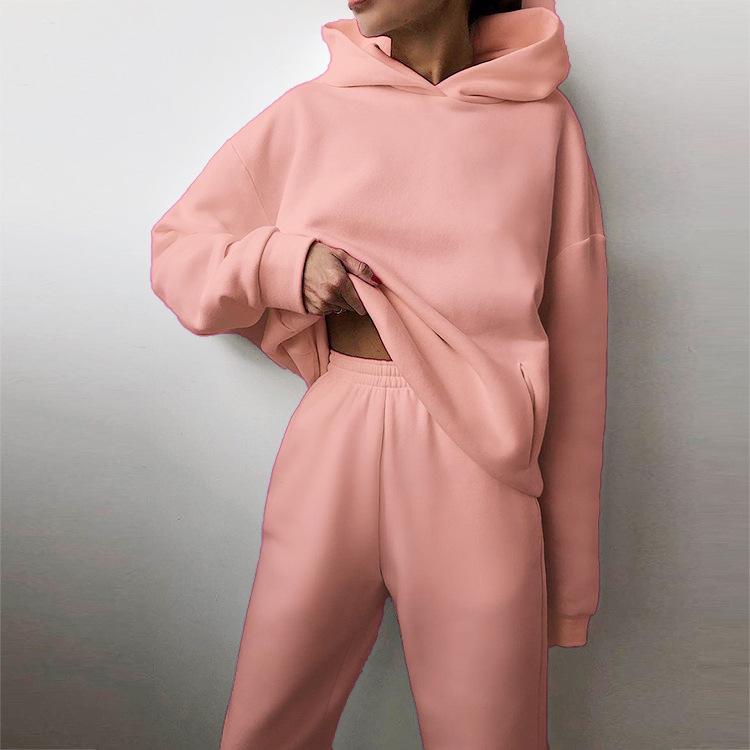2026 Spring Women's European & American Solid Color Hoodie Sweatshirt & Long Pants Casual Streetwear Two-piece Set
