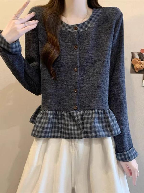 2025 Herbst/Winter Kariertes Patchwork Rüschen Langarm Cropped Top für Damen