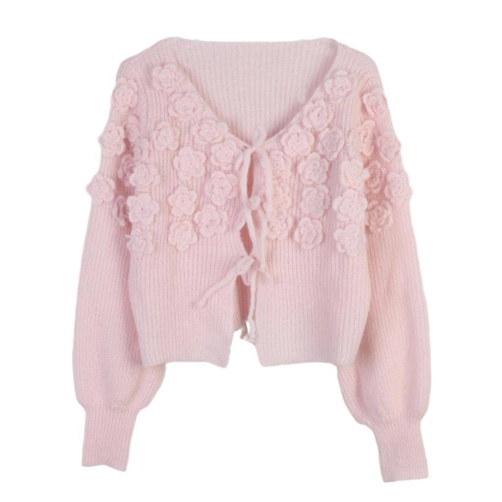 Chic Handmade French Style V-Neck Crochet Sweater for Women - Autumn/Winter Collection