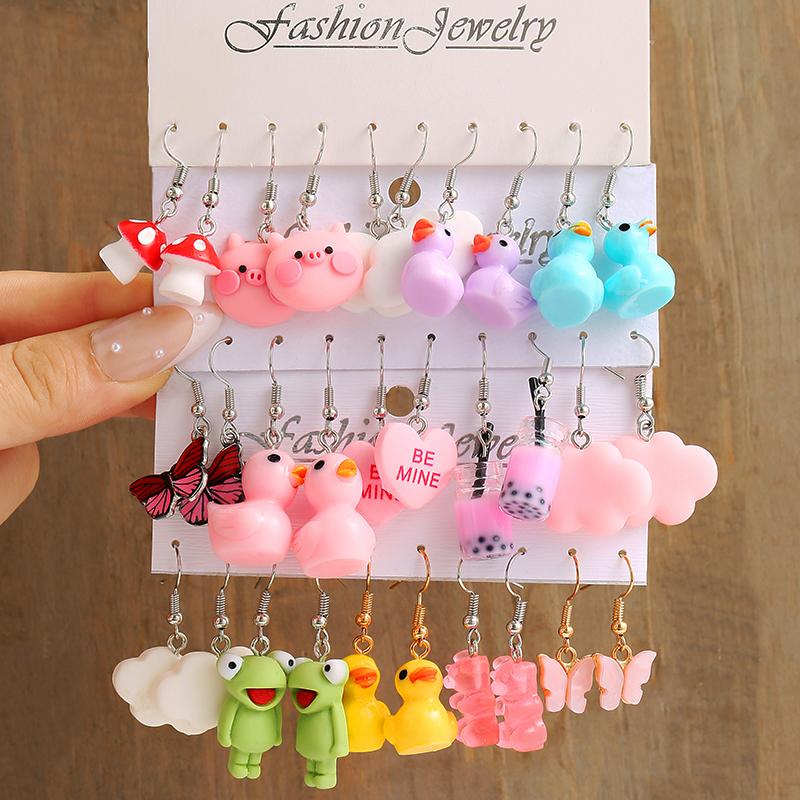 2026 Cartoon Frog Duck Earrings Set Animal Butterfly Cute Dangle Earrings for Women Geometric Bear Cloud Earring Trendy Jewelry