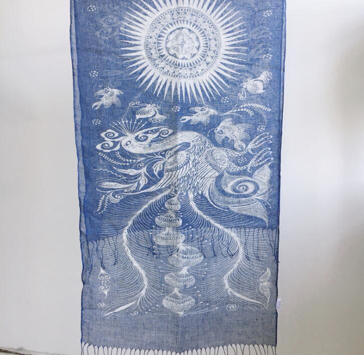 Gradient Blue Color Linen Soft Scarves Women Tie Dyed Ethnic Design Scarf Summer Travel Sunscreen Long Shawl 60x185cm