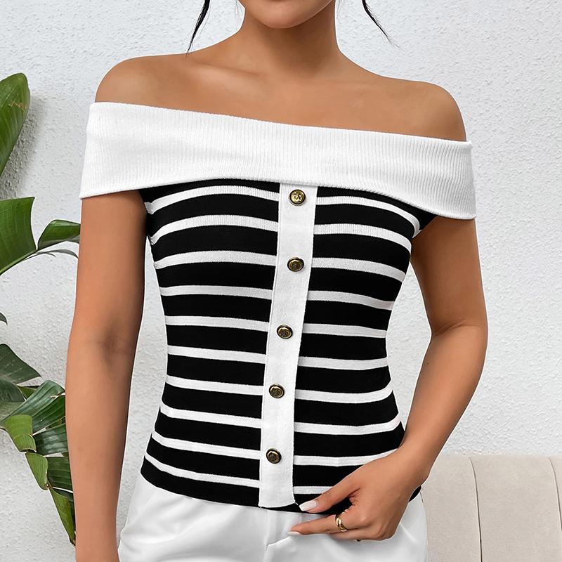 Moda Donna Rigata Senza Maniche Fuori Spalla Pullover Pullover Maglieria Donna Primavera Estate