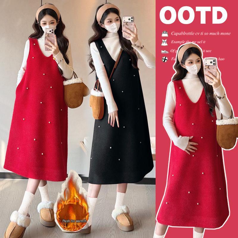 2026 Red Sleeveless Thickened Maternity Dress Set for Autumn/Winter 2XL