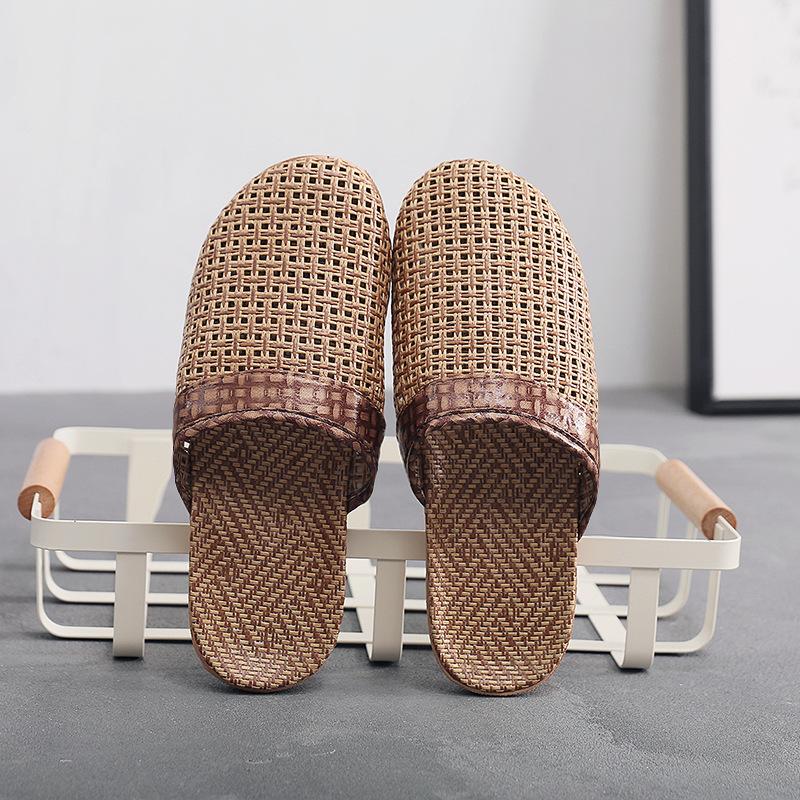 Linen Home Slippers Women Wooden Floor Slippers Couples Home Grass Mats Indoor Male Sandals Comfortable Non Slip House Shoes Bathroom