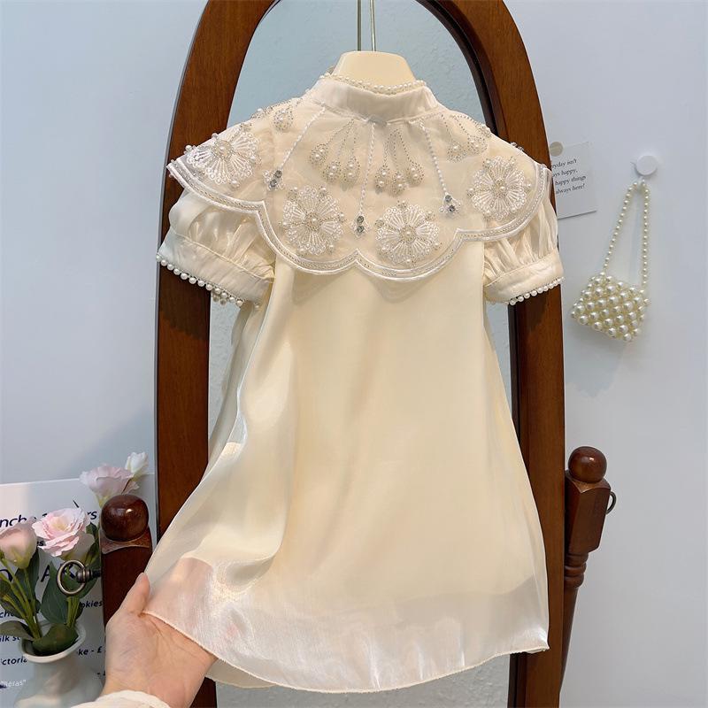 Mädchen Retro Wolke Schulter Cheongsam: Stilvolles, kurzärmeliges Prinzessinnenkleid für Sommer 2024