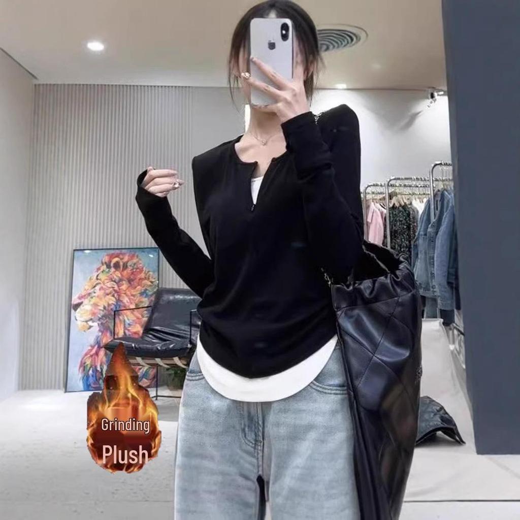New Women's Long Sleeve Fake Two-Piece T-shirt for Autumn and Winter