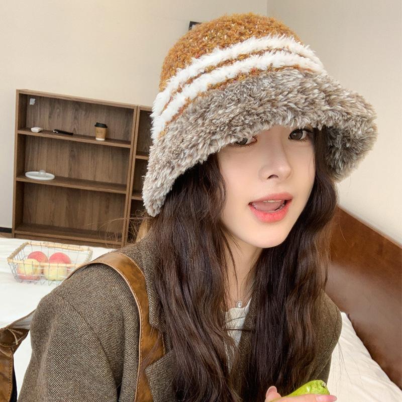 Autumn and Winter New Mixed-color Striped Knitted Hat Plush Bucket Hat Women's Warm Versatile Washbasin Hat