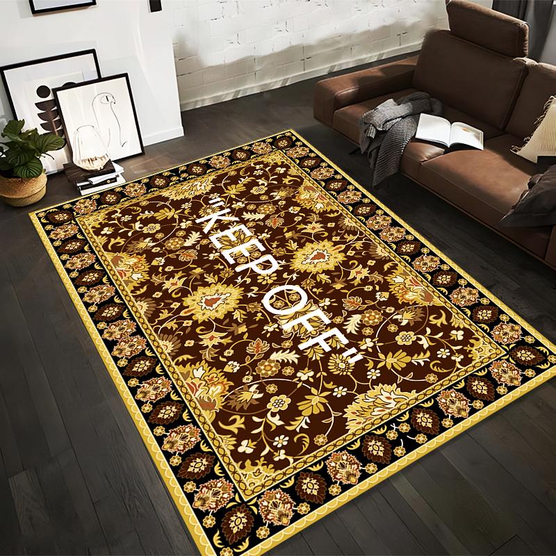 

Floral Carpet with KEEP OFF Text, Brown and Gold Decorative Rug Suitable for use as an anti-slip for living room bedroom sofas 40x60cm( 15x23in )