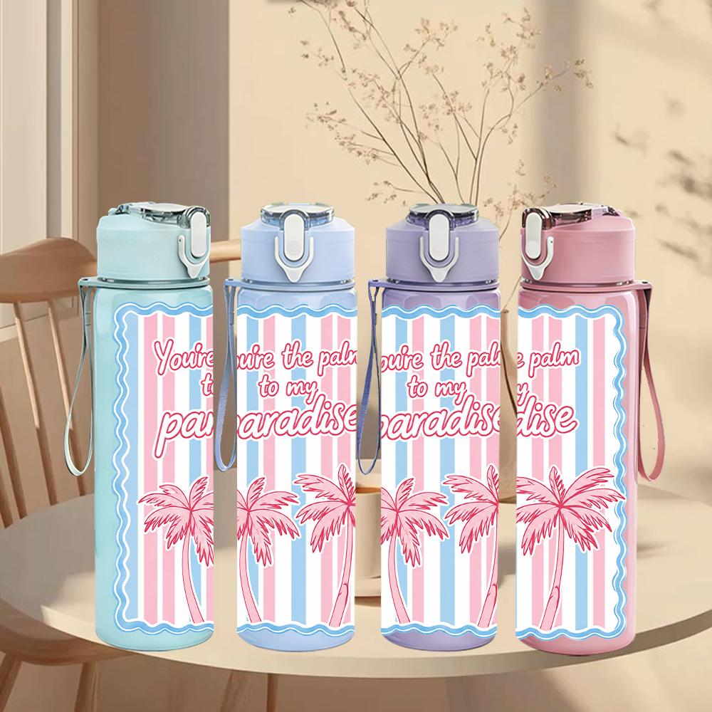 1PC Pink Stripe Bow Ribbon Graphic,750ml Color Plastic Sports Water Bottle,Leakproof Flip Straw Lid,Suitable for Sports Office Home Use