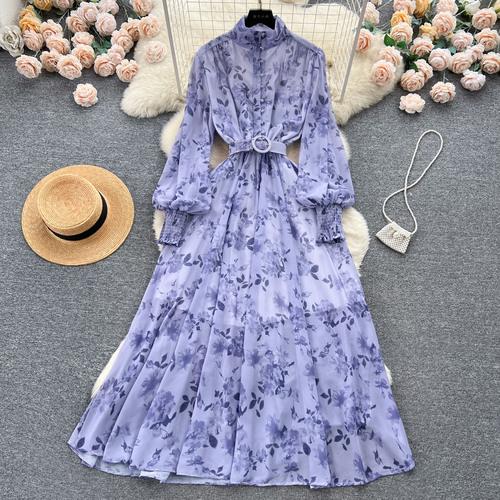 Autumn Elegant Dresses for Women Long Puff Sleeve Stand Collar Lapel Single Chiffon Floral Print Vestidos Skinny Dress Dropship