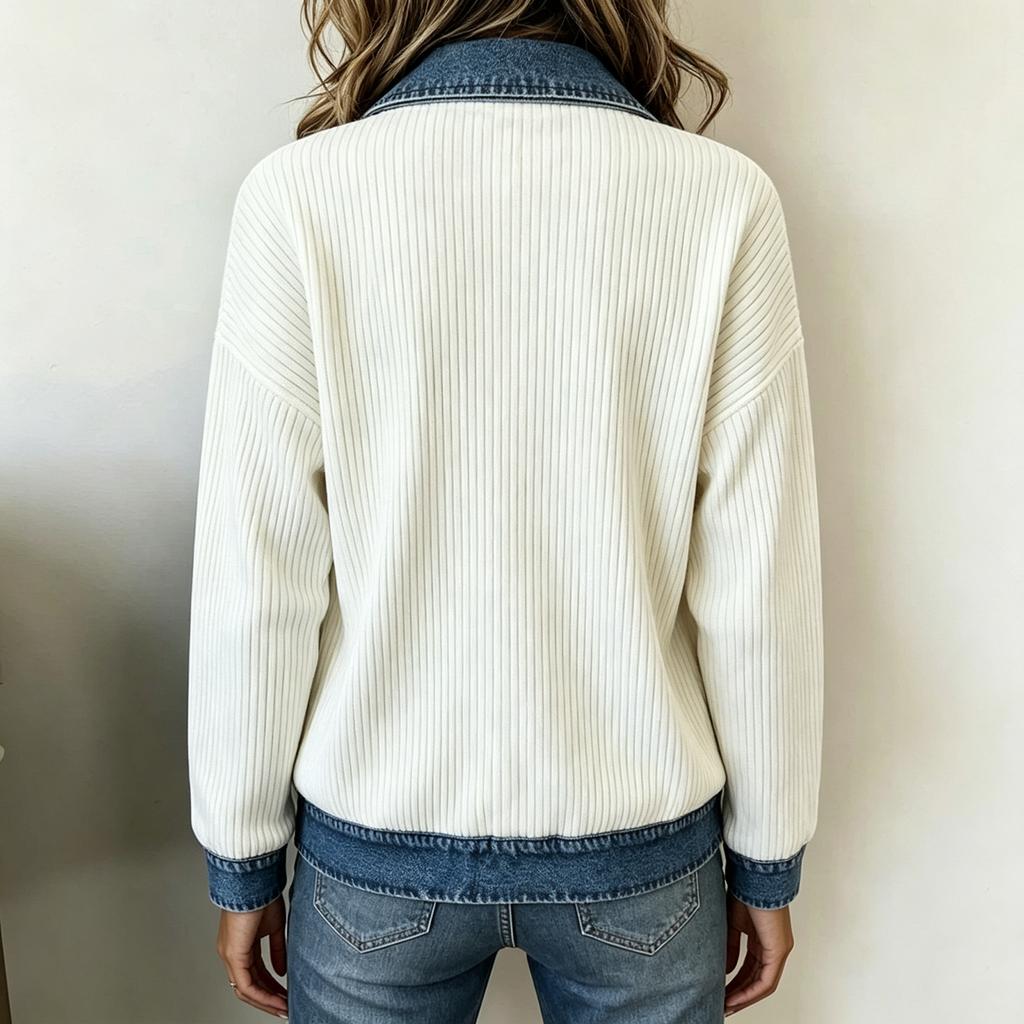 Women's Fashion Knit Denim Cardigan Jacket, Long Sleeve Casual Blouse with Patchwork Design, Fall Winter Outerwear