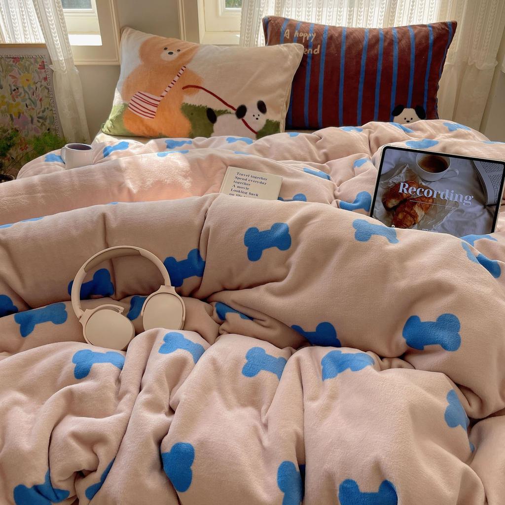 Double-Sided Thickened Milk Fleece Bed Four-Piece Coral Fleece Quilt Cover Fleece Sheet Three-Piece Bedding