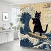 Cat Surfing Shower Curtain Great Wave Design Japanese Art Bathroom Decor Waterproof Curtains Anime Home Style