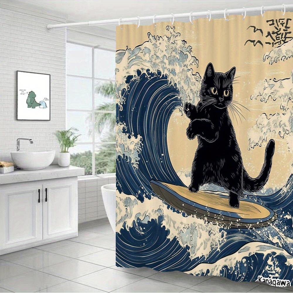 Cat Surfing Shower Curtain Great Wave Design Japanese Art Bathroom Decor Waterproof Curtains Anime Home Style
