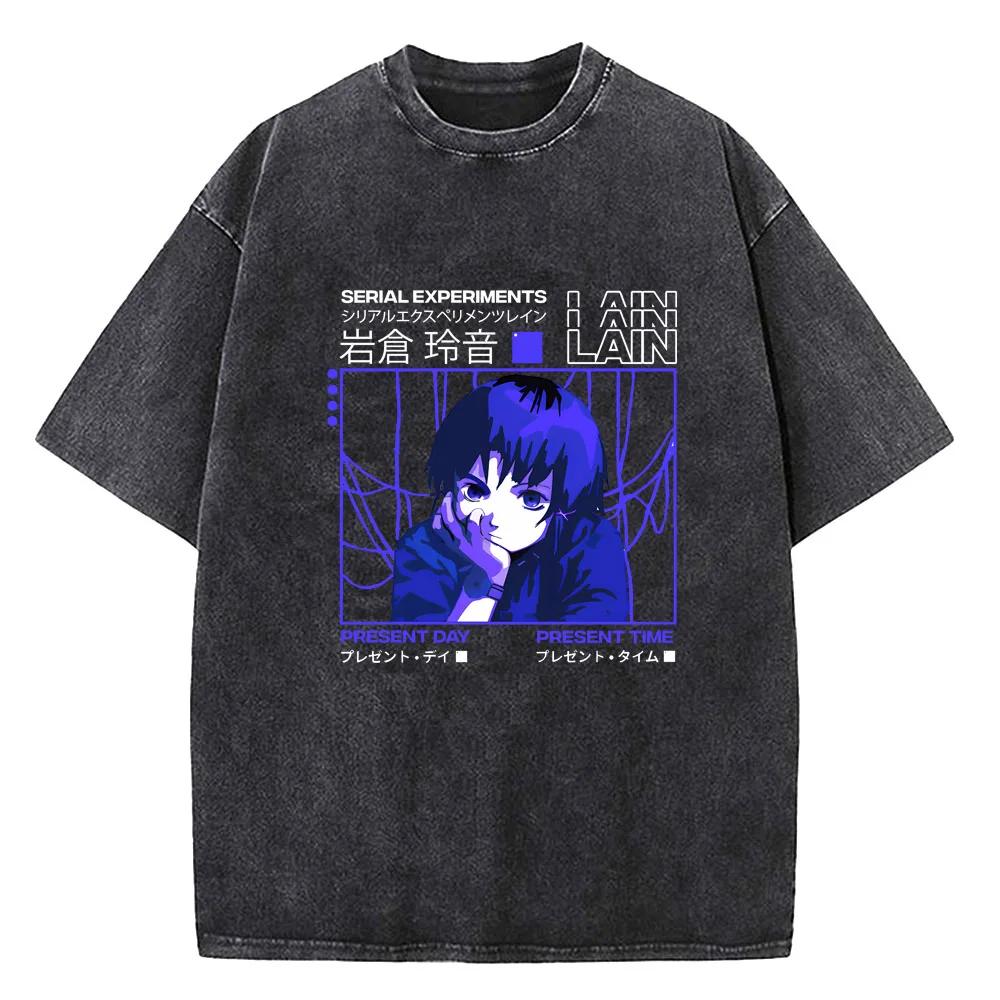 Japanese Anime Serial Experiments Lain Vintage Washed T Shirt Men High Quality Cotton Manga Short Sleeve Fashion T Shirt