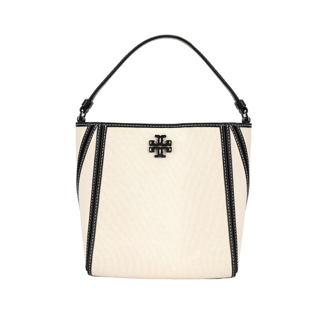 Tory Burch McGraw Logo Magnetic Snap Canvas And Leather Trim Bucket Bag Women bags Natural 158502-254