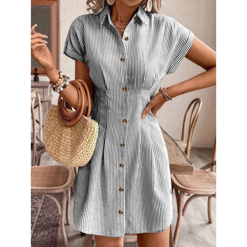 European and American Fashion Commuter Ol Single-Breasted Blue Stripe Cardigan Casual Shoulder Short sleeve Shirts Dress Dress