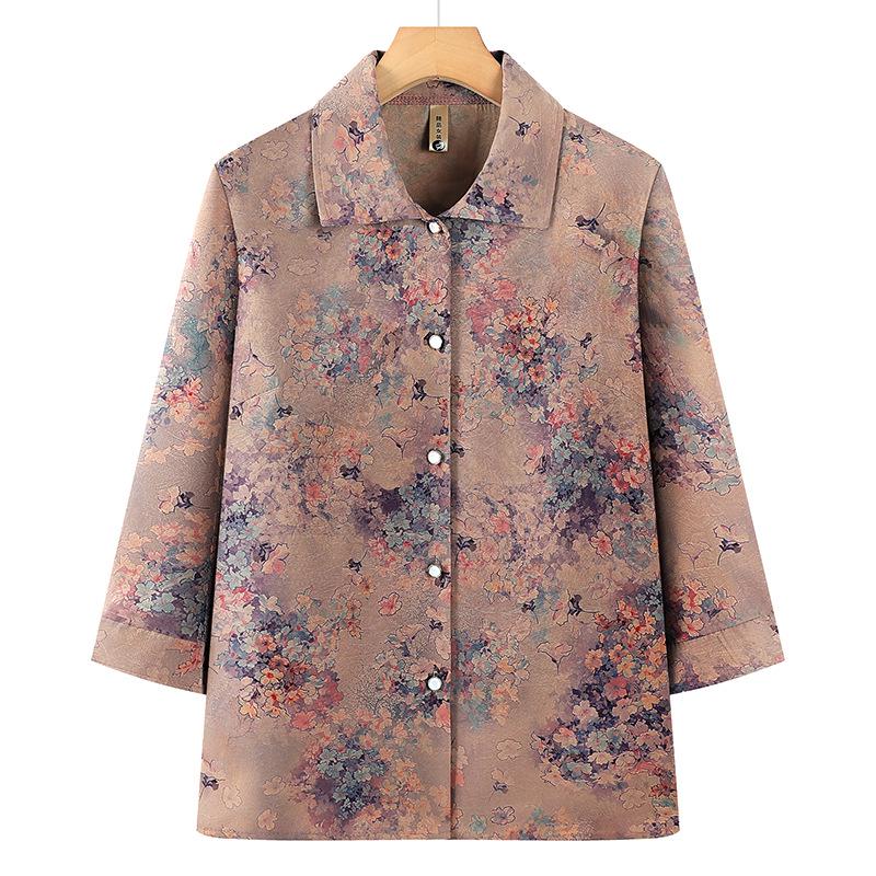 

Grandma s Chic Floral Lapel Cardigan - Elegant Seven-Sleeve, Breathable Top for Middle-Aged and Elderly Women 5XL (145-160 lbs)