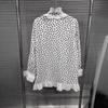 Spring 2026 Women's Black & White Polka Dot Lace Button-Down Shirt - Slim Fit, Versatile, Sweet Patchwork Design