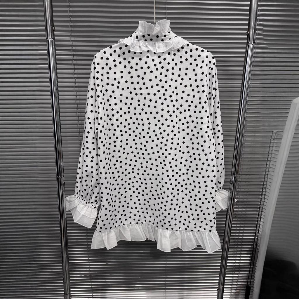 Spring 2026 Women's Black & White Polka Dot Lace Button-Down Shirt - Slim Fit, Versatile, Sweet Patchwork Design