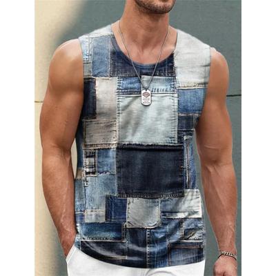 Canottiere da Uomo Patchwork Grafiche in Denim Retrò Moda Estiva Senza Maniche Gilet Stampato 3D Magliette Casual per Tutti i Giorni