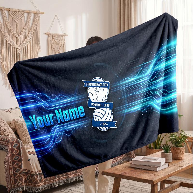 BIRMINGHAM CITY Gepersonaliseerd Fleece Dekentje Met Voetbal Logo, Aangepaste Naam Tekst Zacht Warm Huis Plaid