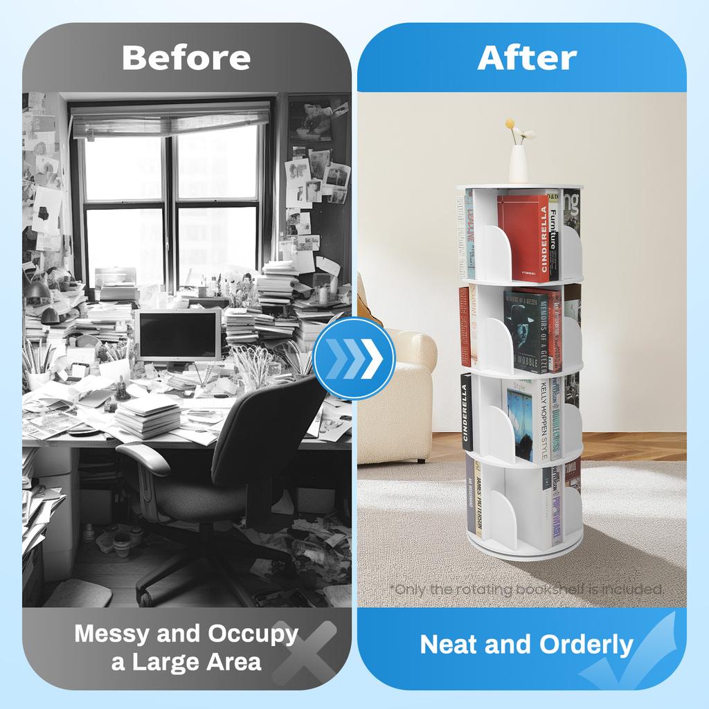 4 Tier Rotating Bookshelf 360 Spinning Bookcase, Kids Storage Organizer for Books Toys, Modern White PVC Freestanding Shelf