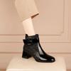 Women's Autumn/Winter Mid-Heel Square Buckle Martin Boots - Genuine Leather, Versatile Stitching, Chunky Patent Ankle Design