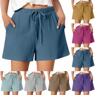 Women's Casual Cotton And Linen Solid Color Loose Elastic Waist Lace-up Shorts Three-quarter Pants