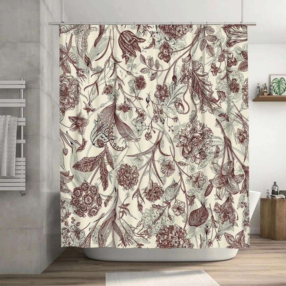 Vintage Floral Shower Curtain Home Decor Waterproof Print For Bathtub Bathroom Red White Green Cream Color Scheme Available In 3