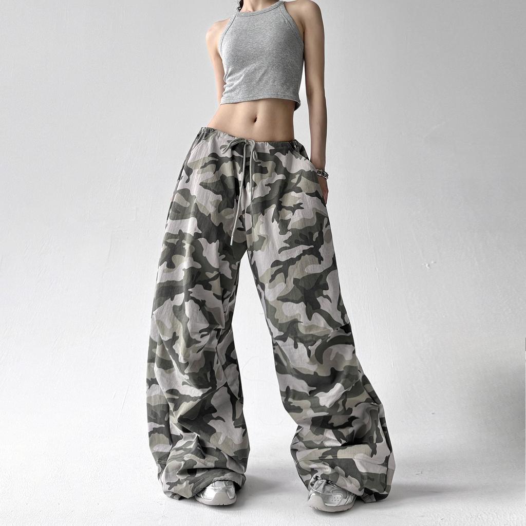American Retro Camouflage Wide-leg Pants Women's Loose Chic Wear Casual Overalls Elastic Drawstring Waist Casual Pants, Streetwear Pants