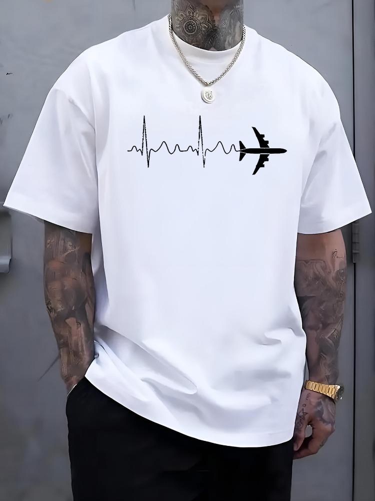 Unisex O Neck Tee Airplane Heartbeat Line Graphic Print Cotton Short Sleeve Loose Summer Breathable Daily Casual Basic Wear Top