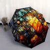 Halloween Stained Window Panel with Pumpkins and CandleUmbrella, Portable 3-Fold Compact Umbrella,Christmas Gift ES467
