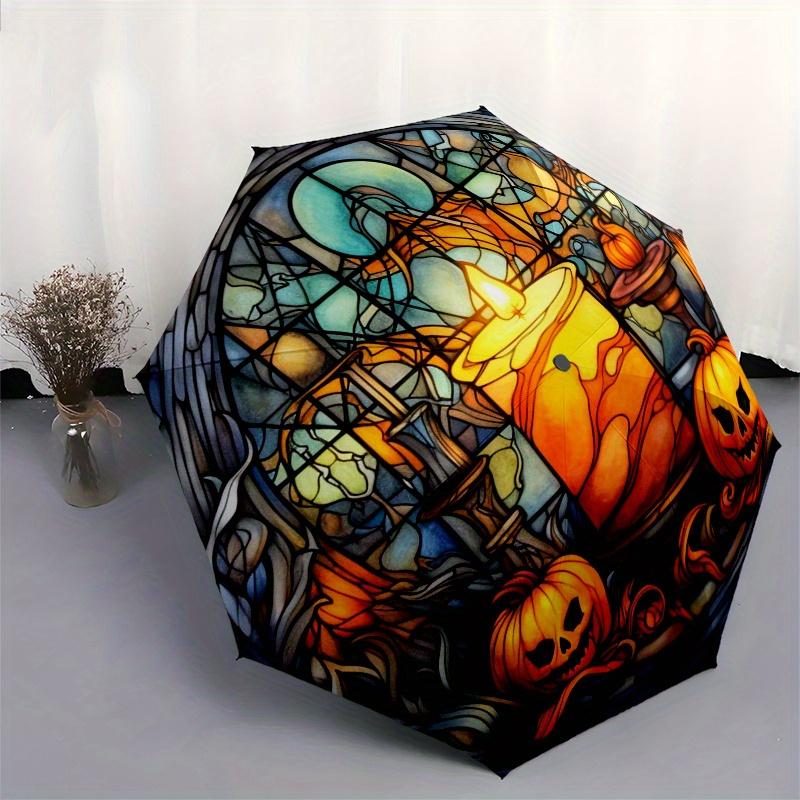 Halloween Stained Window Panel with Pumpkins and CandleUmbrella, Portable 3-Fold Compact Umbrella,Christmas Gift ES467