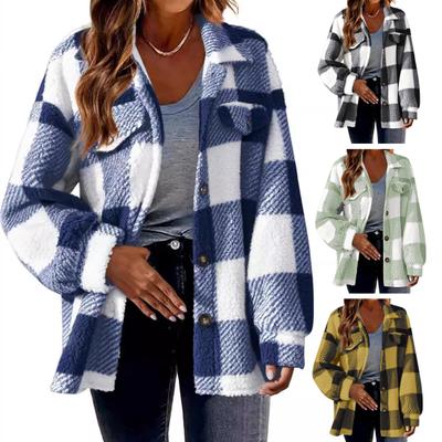 Herbst-Winter-Damenjacke mit falschen Taschen, kontrastfarbener Karodruck, Übergröße, Umlegekragen, einreihig, langärmelig, Strickjacke, Plüschmantel