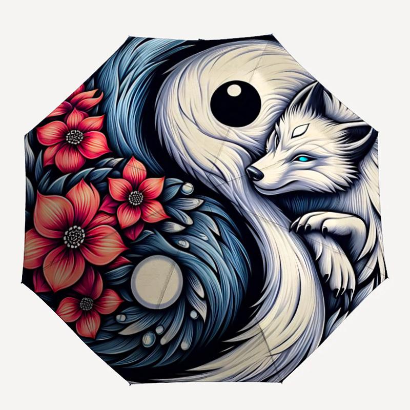 1pc YinYang Wolf Automatic Folding Umbrella, 8-Rib Sturdy Canopy, Portable Travel Umbrella for Outdoor Use,097