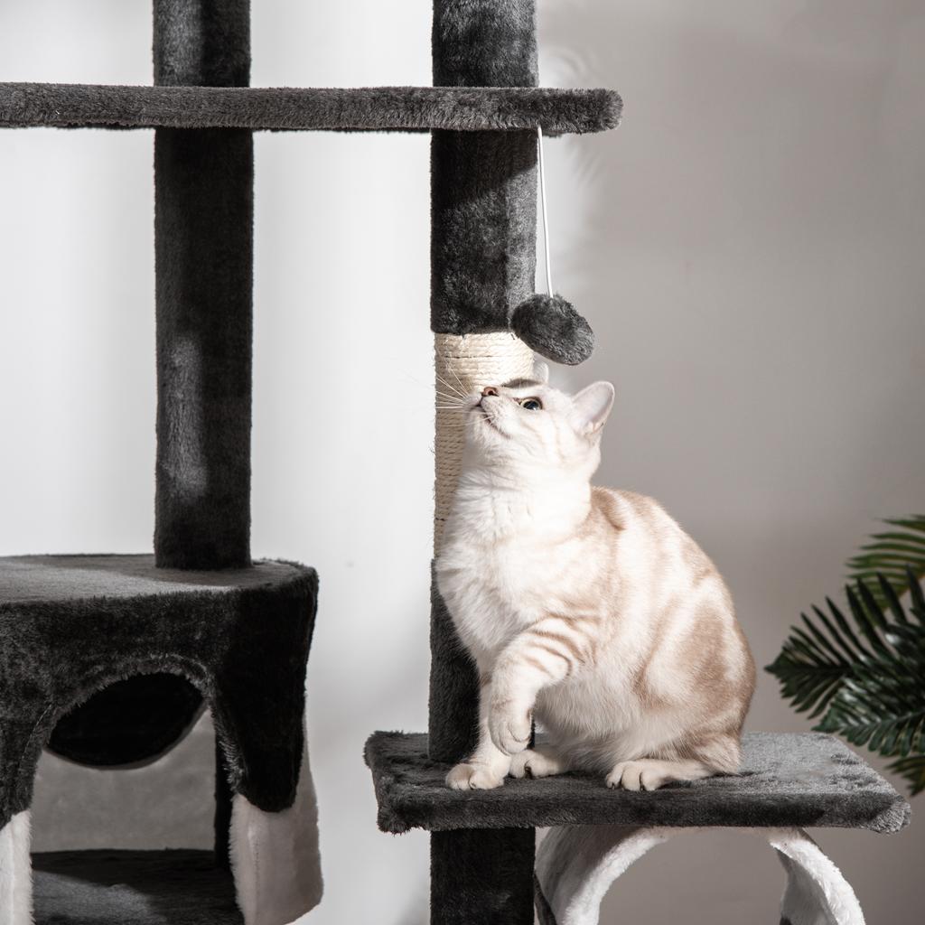 Ceiling Cat Scratching Post with Adjustable Height 240-260cm, Multi-Level Cat Tree with Beds, Hammocks and Ladders, Sisal Ropes, Dark Grey and White