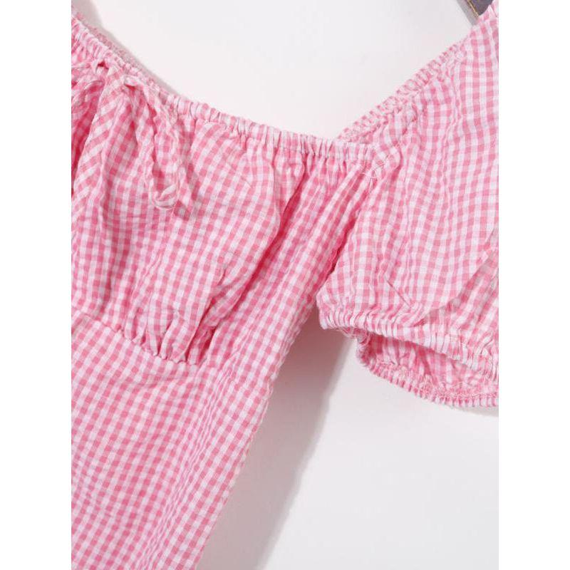 2025 Summer Women clothes Korean Style Fresh Color Matching Plaid Sweet Square Collar Puff sleeve High Waist Slim fit Younger Dress