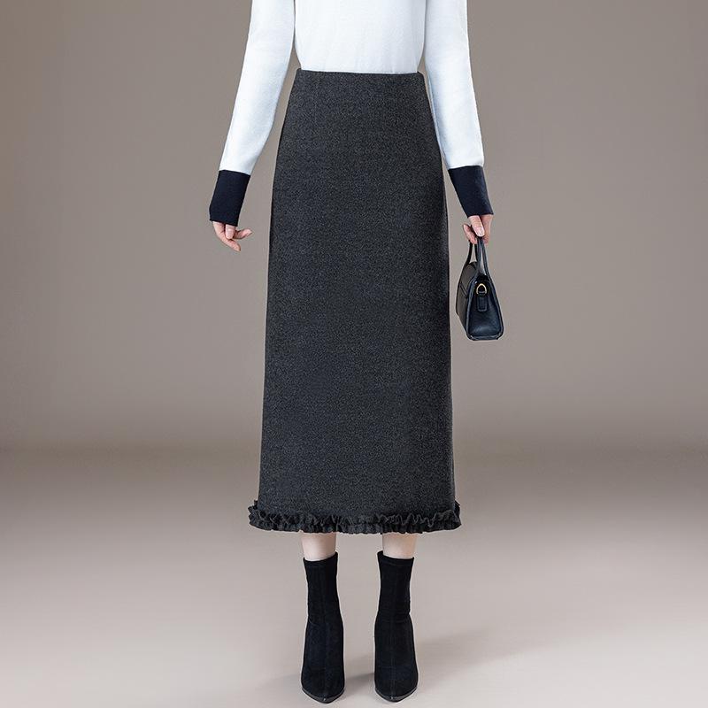 Women's Plus Size High Waist A-Line Woolen Skirt with Lace Detail - Autumn/Winter
