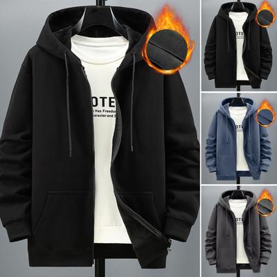 Men Autumn Winter Fleece Hoodie with Pocket Zipper Placket Solid Color Long Sleeve Cozy Stylish Coat