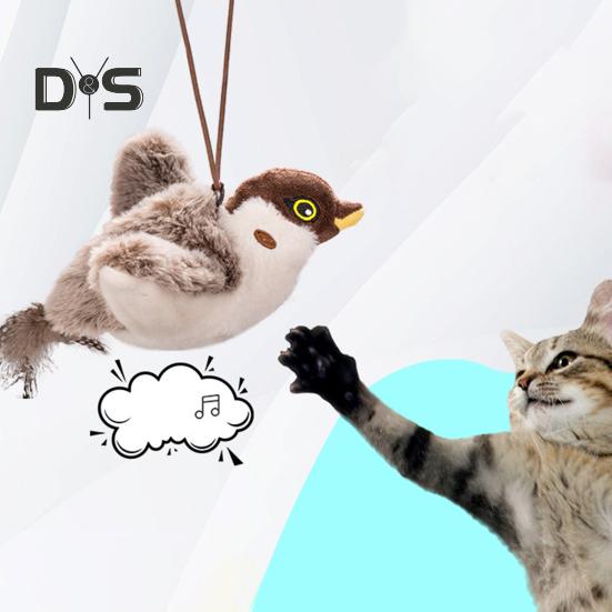 Interactive Flapping Wings Cat Toy Touch Activate Electric Flying Birds Toy with Chirping Sounds Indoor Hanging Simulation Plush Sparrow for Cats And