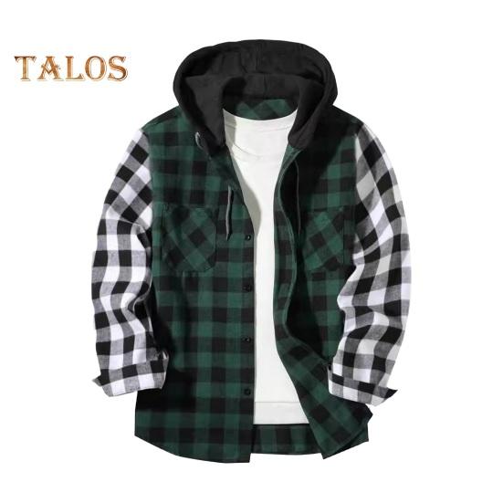Fall Winter Men Shirt Coat Plaid Print Long Sleeves Chest Pocket Adjustable Drawstring Hood Single-breasted Patchwork Loose Contrast Color Jacket