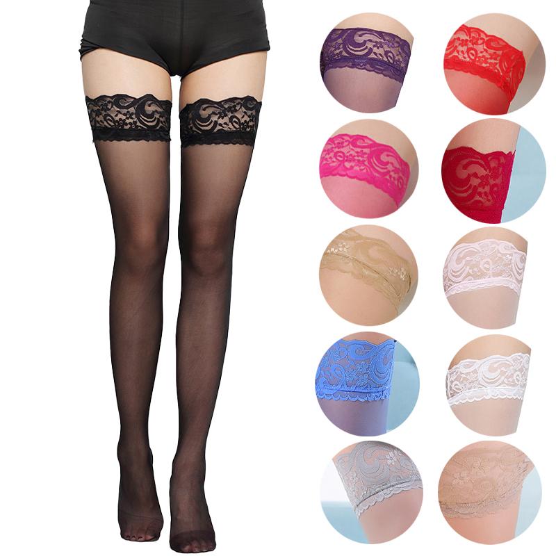 Women'S Sexy Lace Top Flat Top Thigh-High Long Stockings Colorful Lace Trim Sheer Silk Stocking Total 17 Colors S-M 150-170Cm